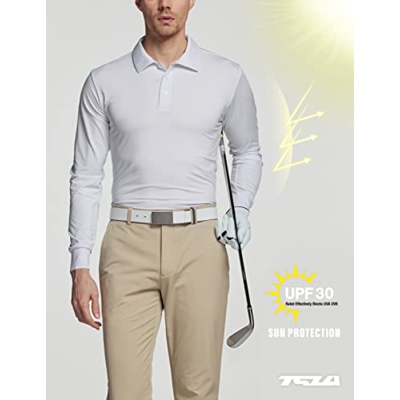 TSLA 남성용 긴 소매 쿨링 폴로 셔츠, UPF 자외선 차단 스트레치 쿨 드라이 골프 셔츠, 액티브 비즈니스 캐주얼 셔츠