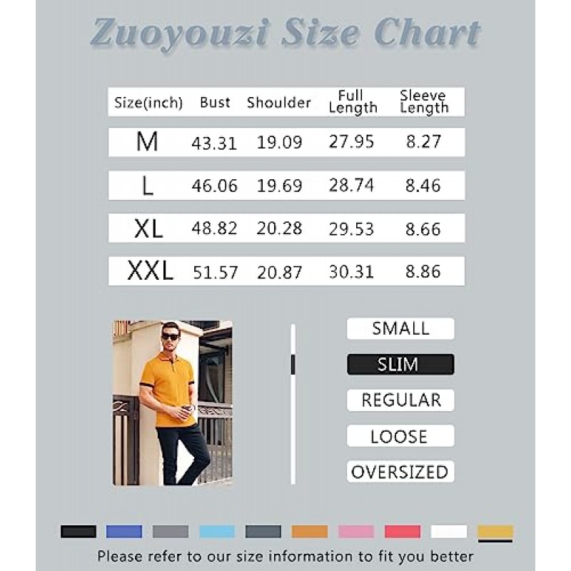 Zuoyouzi 남성용 반팔 캐주얼 슬림 피트 폴로 셔츠 기본 디자인 클래식 컷 코튼 셔츠