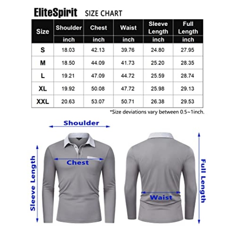 EliteSpirit 남성용 긴 소매 폴로 셔츠 슬림핏 비즈니스 캐주얼 골프 셔츠 세련된 얇은 칼라 셔츠