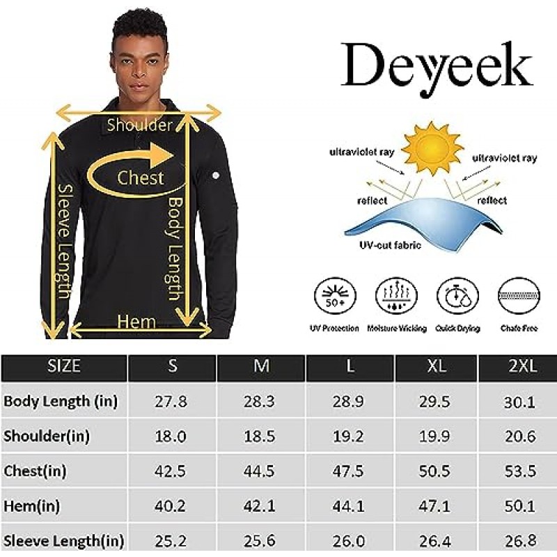 Deyeek 남성용 폴로 셔츠 남성용 긴 소매 골프 폴로 셔츠 Quick Dry UPF 50+ Sun Protection Polos 캐주얼 칼라 셔츠