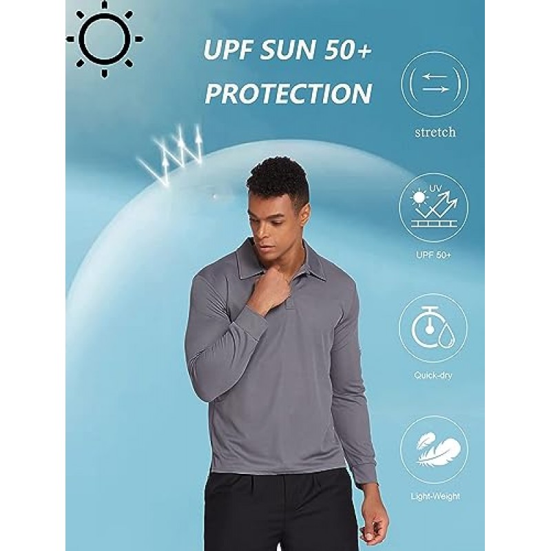 Deyeek 남성용 폴로 셔츠 남성용 긴 소매 골프 폴로 셔츠 Quick Dry UPF 50+ Sun Protection Polos 캐주얼 칼라 셔츠