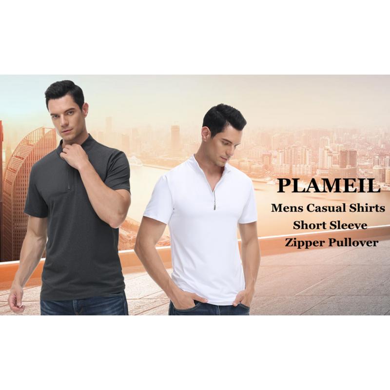 Plameil 남성용 쿼터 지퍼 비즈니스 캐주얼 셔츠 반소매 드라이핏 골프 폴로 머슬 티셔츠