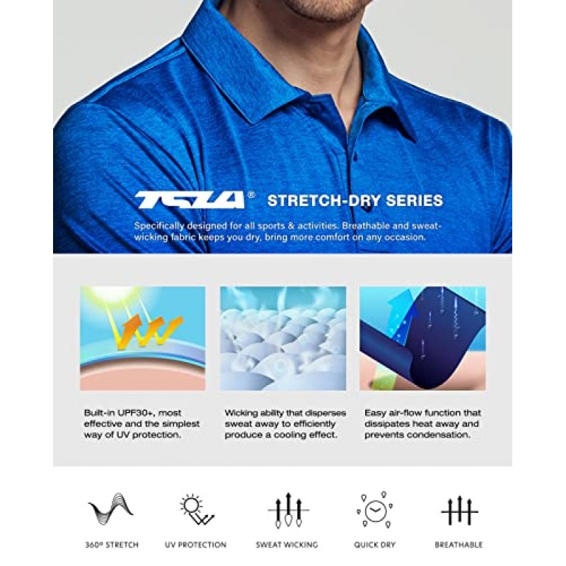 TSLA 남성용 긴 소매 쿨링 폴로 셔츠, UPF 자외선 차단 스트레치 쿨 드라이 골프 셔츠, 액티브 비즈니스 캐주얼 셔츠