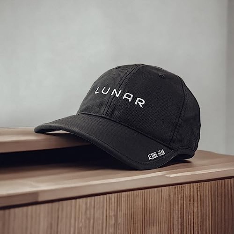 LUNAR ACTIVE GEAR 퍼포먼스 모자, 통기성이 뛰어난 경량 나일론 소재, 조절 가능한 스트랩으로 편안한 핏, 남여 공용 세련된 디자인, 운동복 및 라이프스타일 의류 블랙