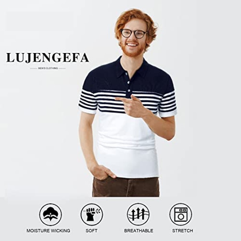 LUJENGEFA 남성 폴로 셔츠 긴/반팔 스트라이프 캐주얼 슬림 피트 골프 폴로 대비 색상 여름 코튼 티셔츠