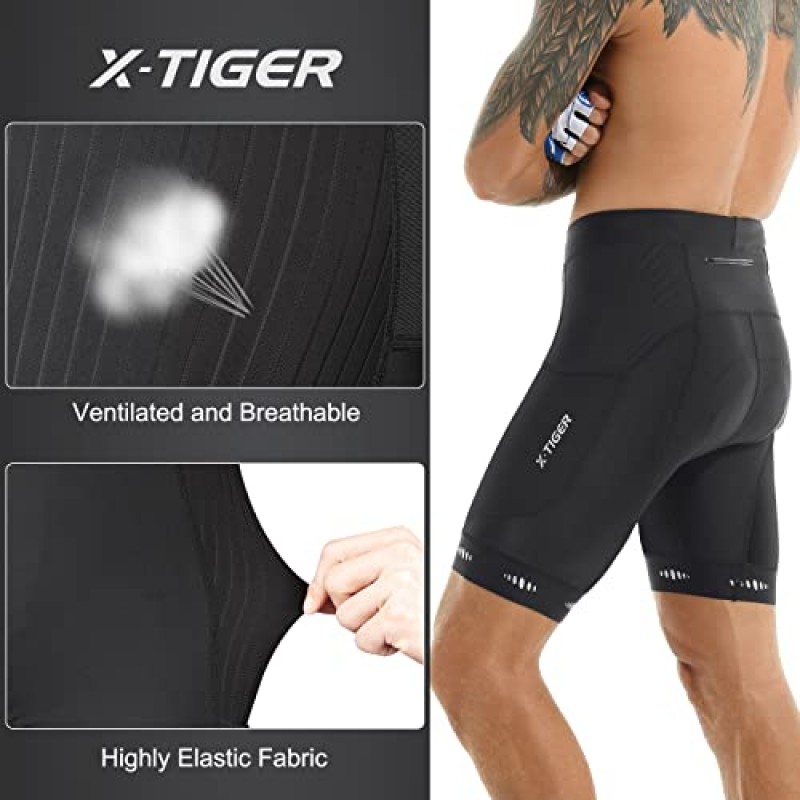 X-TIGER 남성용 사이클링 반바지(백 포켓 포함), 남성용 5D 젤 패딩 자전거 반바지, 산악 도로 자전거 라이딩 하프 팬츠 타이츠
