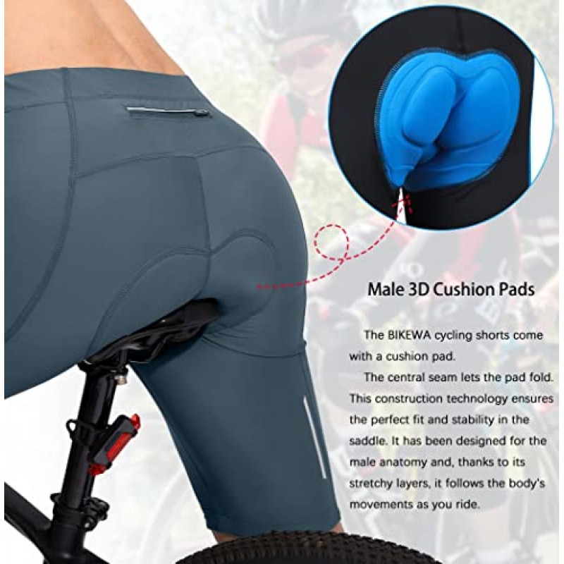 Bikewa 남성용 자전거 반바지 3D 패딩 사이클링 도로 자전거 타기 산악 자전거 타는 사람 자전거 UPF 50+ 사이클 반바지 지퍼 포켓
