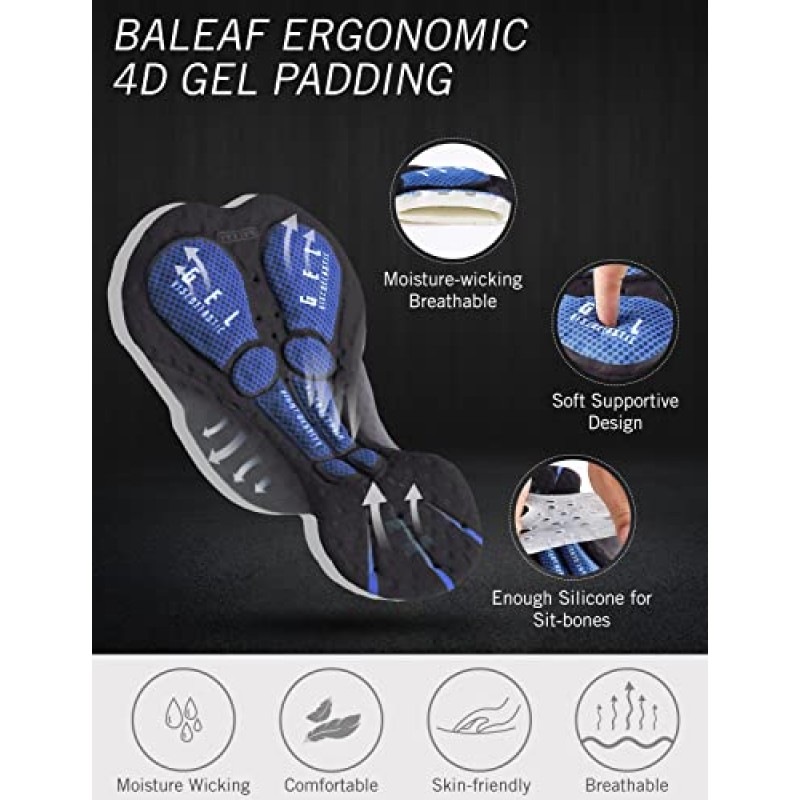 BALEAF 남성용 사이클링 턱받이 반바지 4D 패딩, 도로 자전거 사이클링 턱받이 자전거 타기 자전거 반바지 젤 포켓 UPF50+