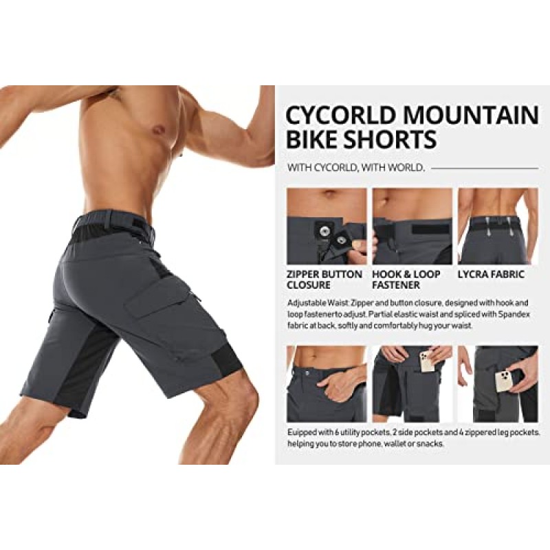 Cycorld 남성용 산악자전거 반바지, 지퍼가 달린 포켓이 있는 루즈핏, MTB, 사이클링, 하이킹, 카고, 야외용 경량 반바지