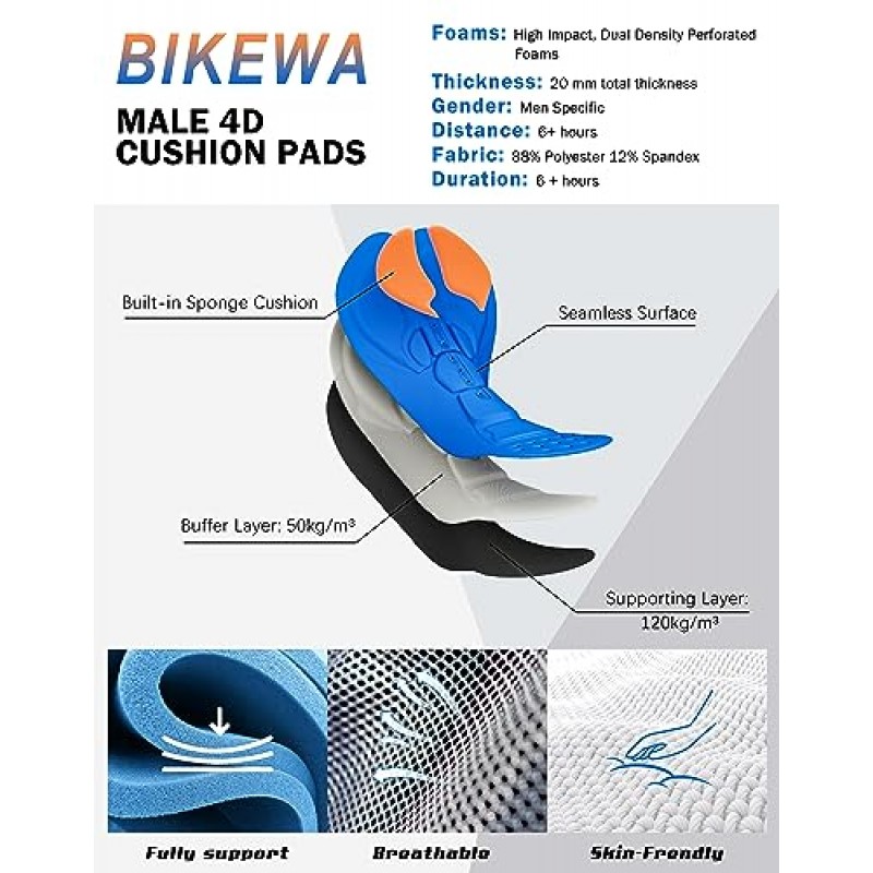 Bikewa 남성용 자전거 반바지 4D 패딩 사이클링 자전거 타기 도로 라이딩 자전거 바지 남성용 바이커 사이클 반바지 지퍼 포켓