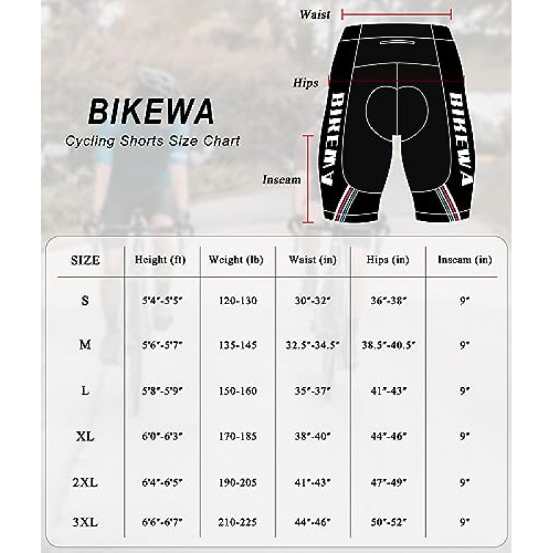 Bikewa 남성용 자전거 반바지 4D 패딩 사이클링 자전거 타기 도로 라이딩 자전거 바지 남성용 바이커 사이클 반바지 지퍼 포켓