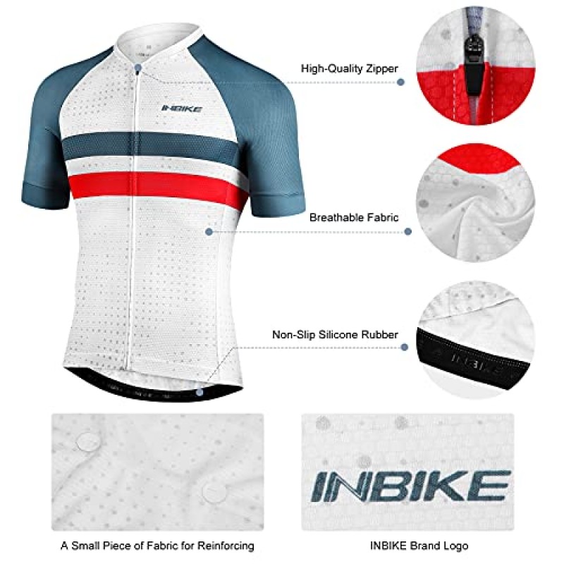 INBIKE 남성용 사이클링 저지 3 후면 포켓 수분 흡수 반소매 빠른 건조 반사 자전거 셔츠