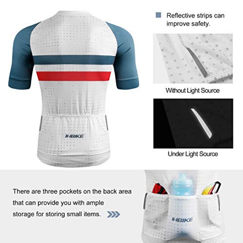 INBIKE 남성용 사이클링 저지 3 후면 포켓 수분 흡수 반소매 빠른 건조 반사 자전거 셔츠