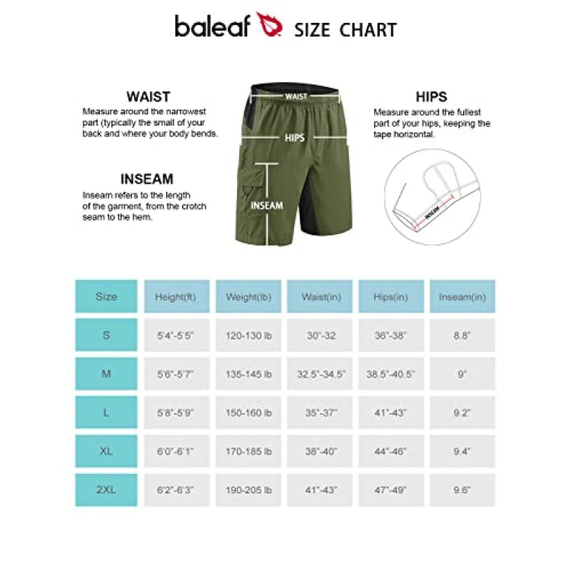 BALEAF 남성용 산악 자전거 반바지 루즈핏 자전거 반바지, 사이클링 3D 패딩 젤 MTB 자전거 경량 SPF 50+