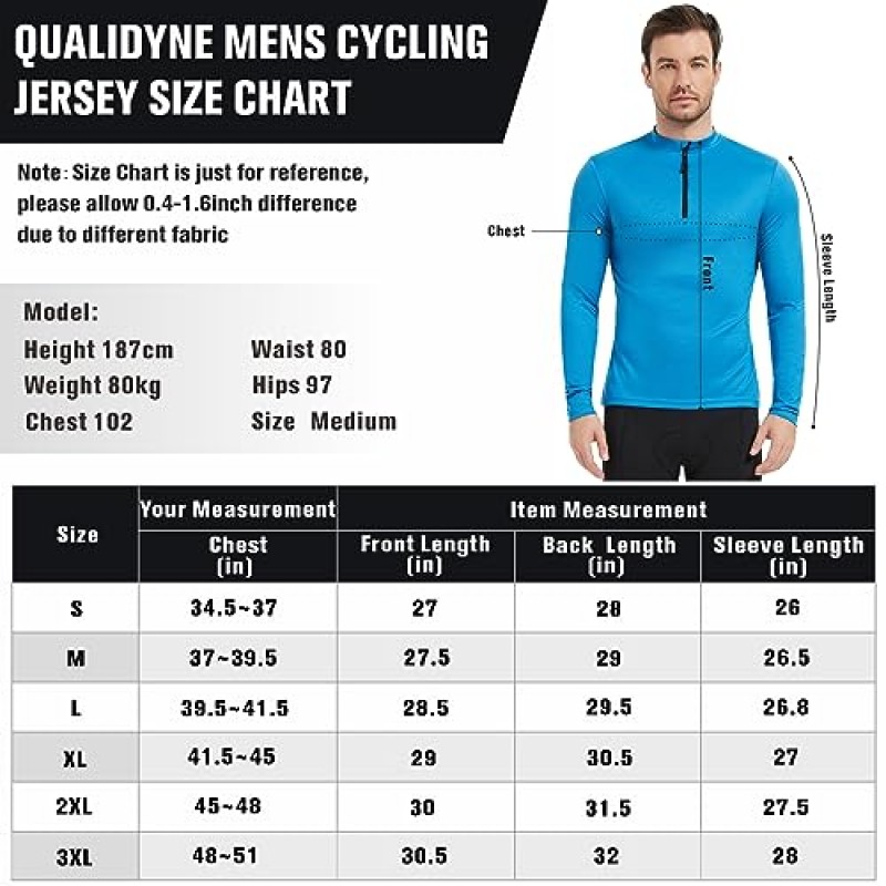 Qualidyne Mens 사이클링 저지 긴 소매 자전거 셔츠 후면 지퍼 포켓이 있는 하프 지퍼 자전거 자전거 저지