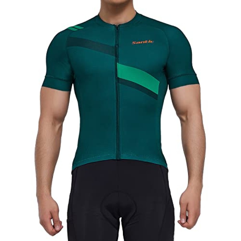 Santic 남성용 사이클링 저지 반바지 소매 탑 프로 로드 자전거 자전거 셔츠 풀 지퍼 UPF 50+ MTB 저지(포켓 포함)