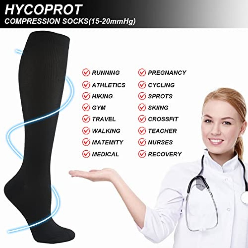 HYCOPROT 압축 양말 여성 및 남성 순환용(3쌍) 육상 달리기 간호사 임신 여행용 15-20mmHg