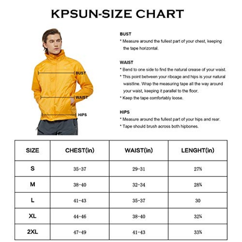 KPSUN 남성용 레인 재킷 방수 경량 윈드 브레이커 Packable Cycling Running Raincoats with Removable Hood