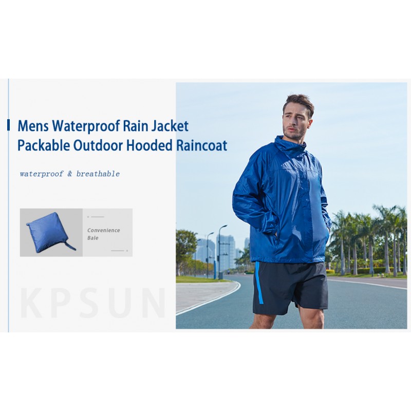 KPSUN 남성용 레인 재킷 방수 경량 윈드 브레이커 Packable Cycling Running Raincoats with Removable Hood