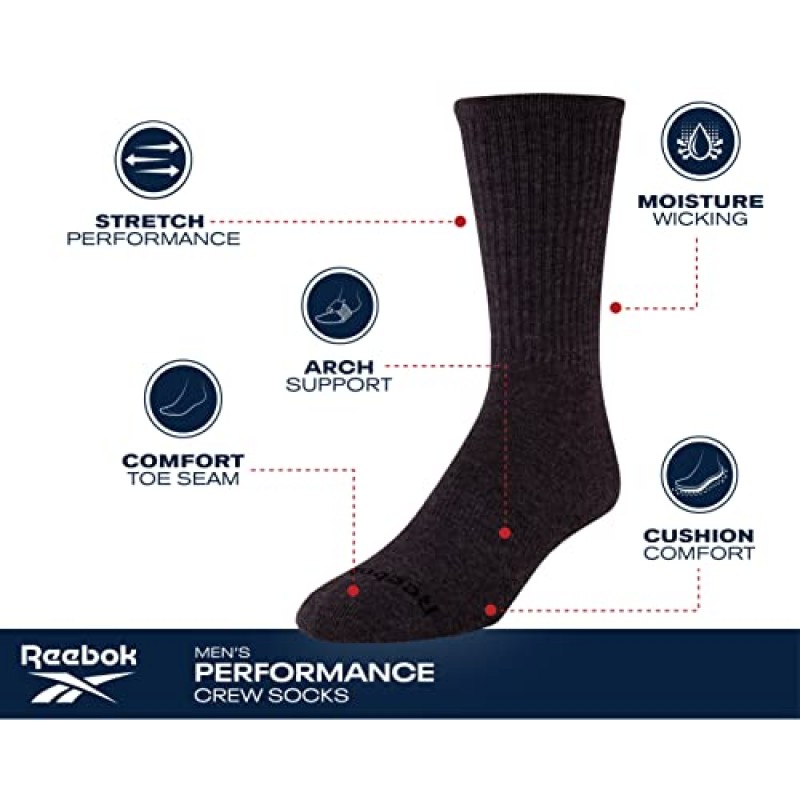 Reebok 남성용 운동용 양말 - 컴포트 쿠션 퍼포먼스 크루 양말(5팩)