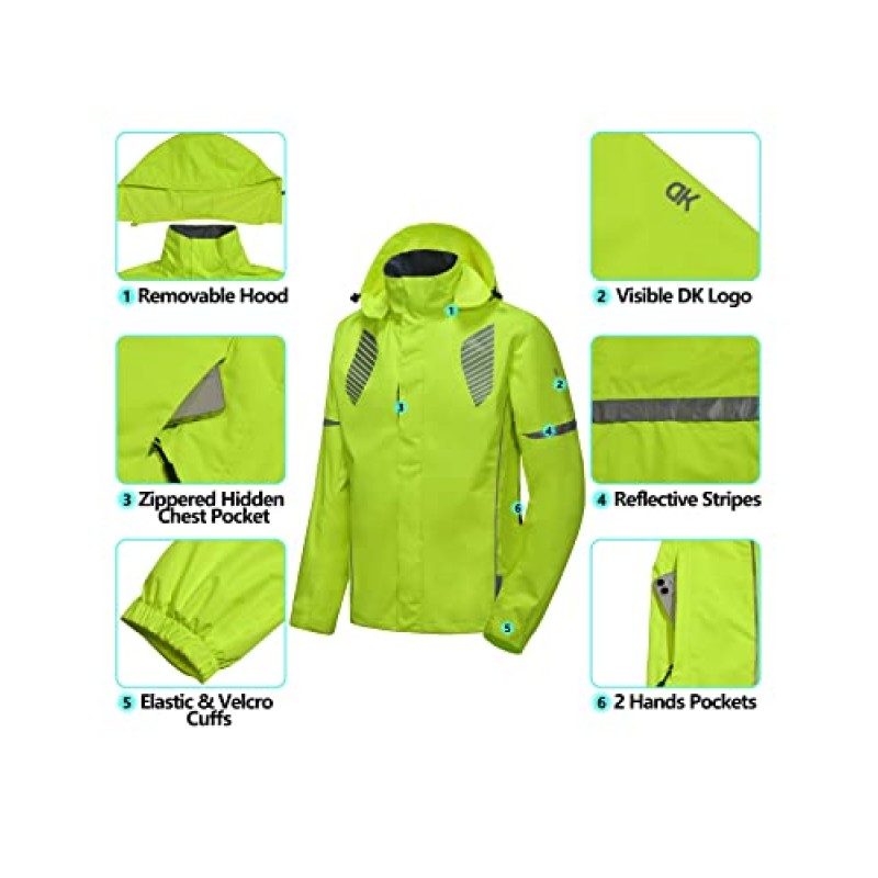 Little Donkey Andy 남성용 방수 러닝 사이클링 레인 자켓 반사 레인 코트 Packable Windbreaker-Removable Hood