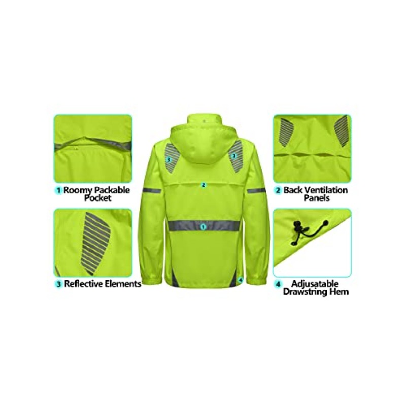 Little Donkey Andy 남성용 방수 러닝 사이클링 레인 자켓 반사 레인 코트 Packable Windbreaker-Removable Hood