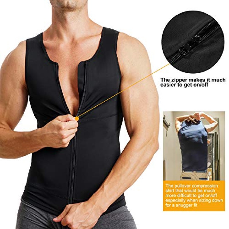 MOLUTAN 남성 압축 셔츠 배꼽 슬리밍 바디 셰이퍼 조끼 민소매 지퍼 언더 셔츠 위장용 탱크 탑 Shapewear