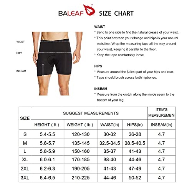 BALEAF 남성용 사이클링 속옷 3D 패딩 산악 자전거 반바지