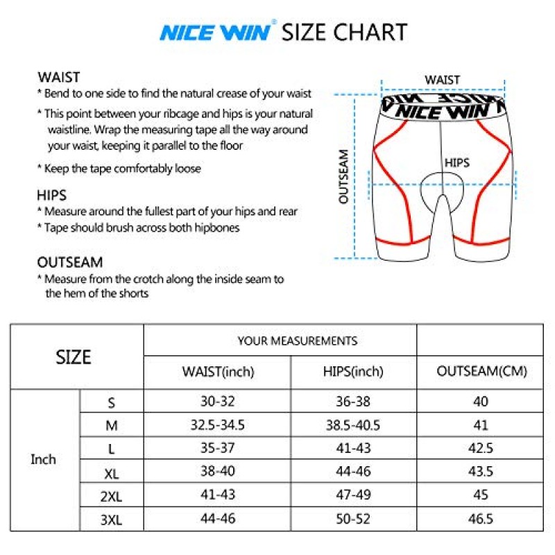NICEWIN Mens 4D 패딩 자전거 반바지 미끄럼 방지 다리 사이클링 속옷 와이드 허리 밴드 자전거 타기 자전거 오토바이 속옷
