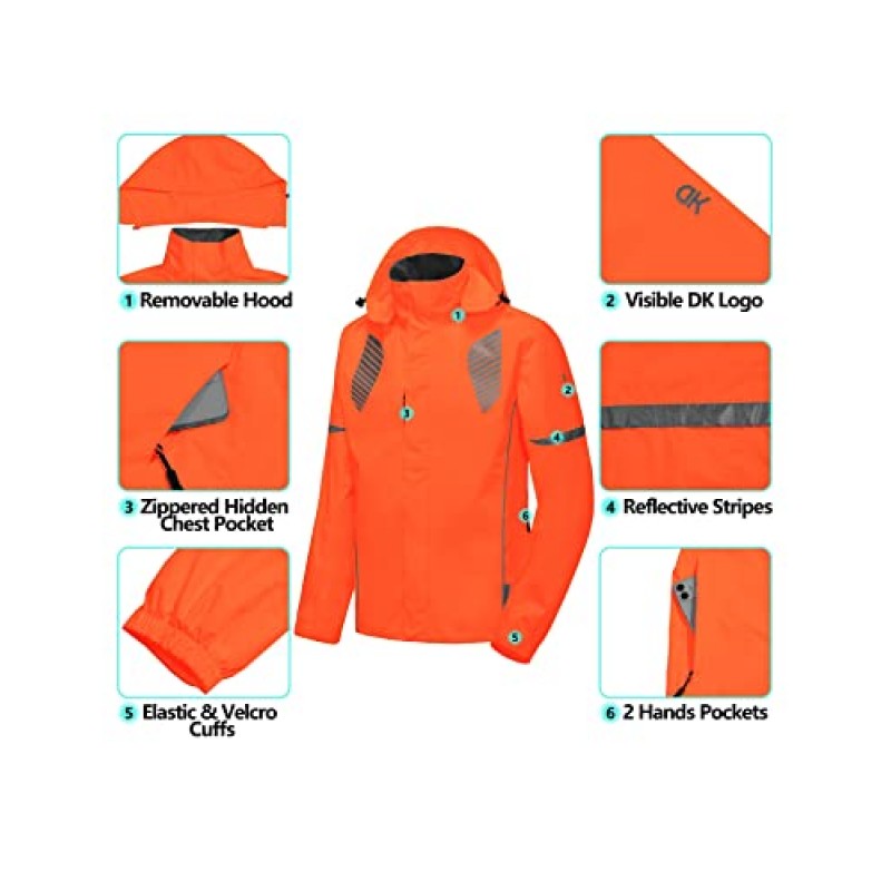 Little Donkey Andy 남성용 방수 러닝 사이클링 레인 자켓 반사 레인 코트 Packable Windbreaker-Removable Hood