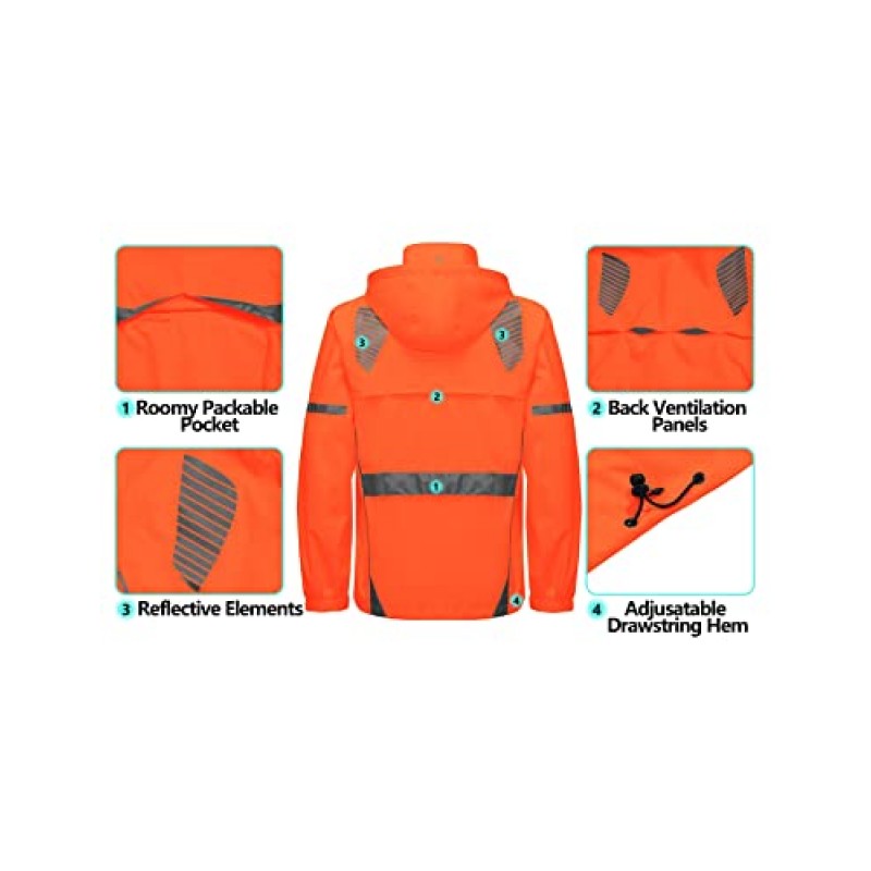 Little Donkey Andy 남성용 방수 러닝 사이클링 레인 자켓 반사 레인 코트 Packable Windbreaker-Removable Hood