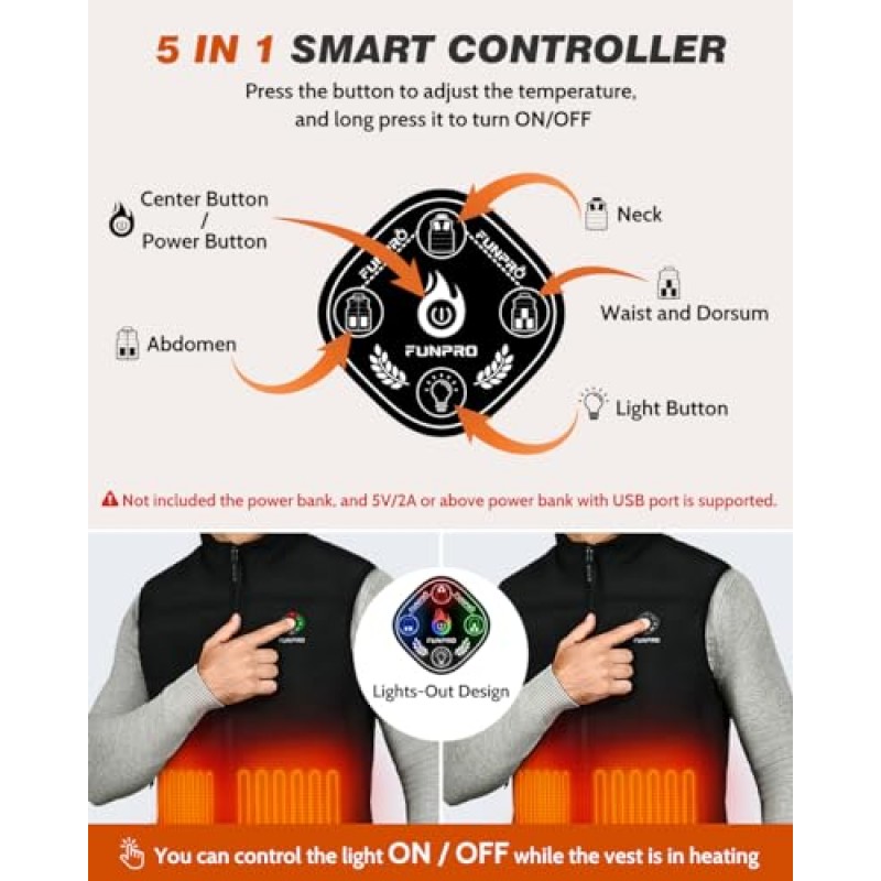 남성 여성용 FUNPRO 가열 조끼, 방풍 전기 가열 조끼, Softshell 민소매 스포츠 자켓, 배터리 포함되지 않음