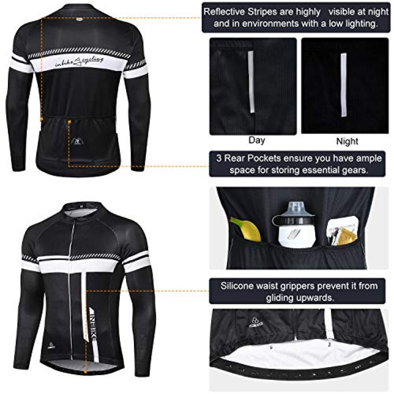 INBIKE 남성용 사이클링 저지 세트 수분 흡수 통기성 풀 지퍼 긴 소매 자전거 셔츠(3D 패딩 스포츠 바지 포함)