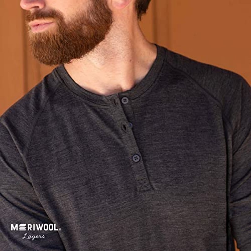 MERIWOOL 남성용 베이스 레이어 긴팔 헨리 - 경량 메리노 울 보온