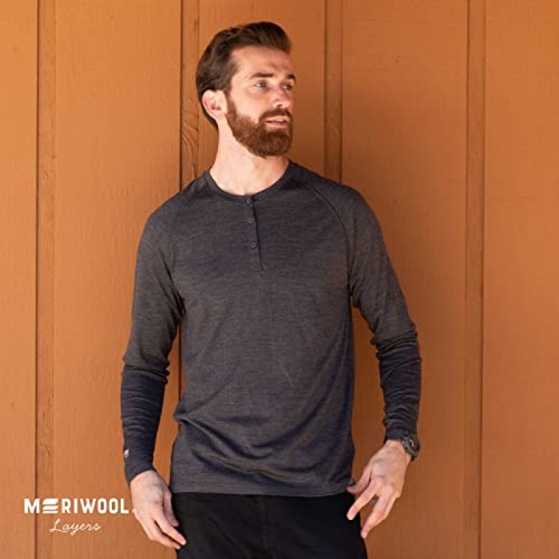 MERIWOOL 남성용 베이스 레이어 긴팔 헨리 - 경량 메리노 울 보온