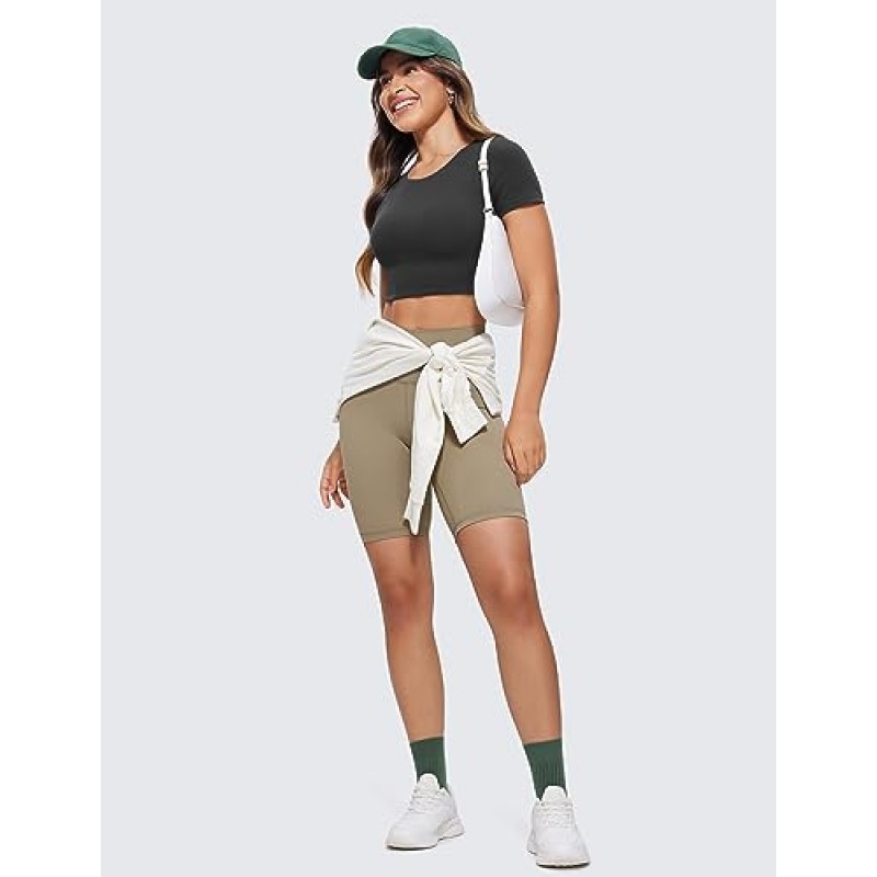 CRZ YOGA Womens Butterluxe 반소매 자르기 탑 더블 라이닝 크루 넥 캐주얼 운동 티셔츠 귀여운 기본 티