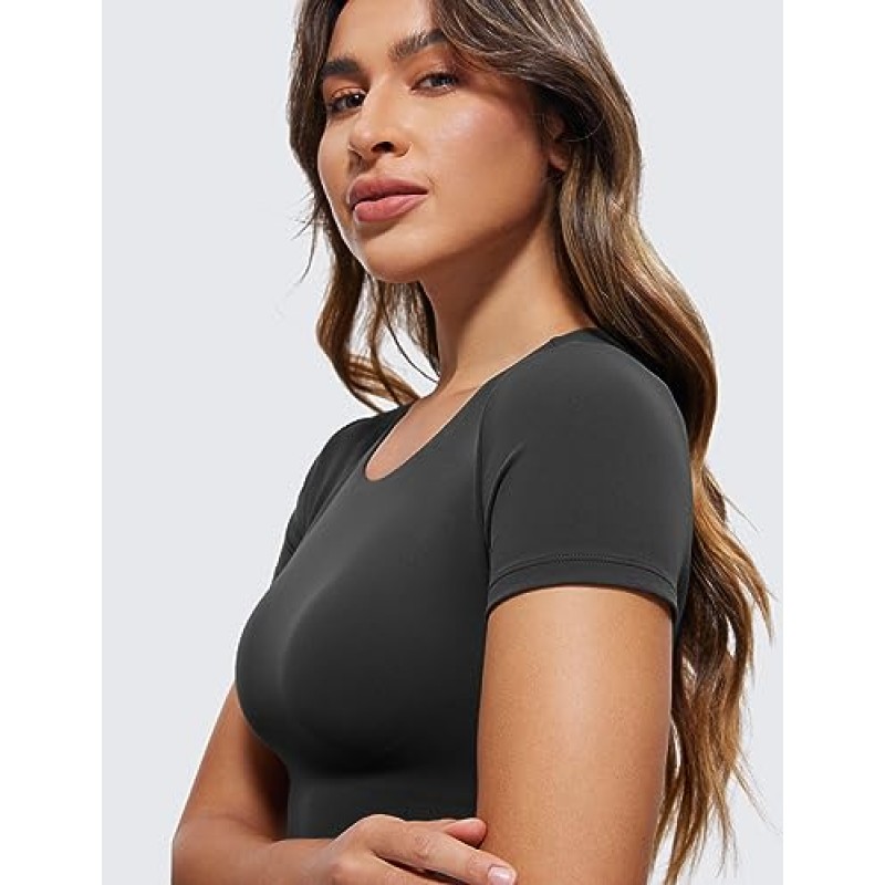 CRZ YOGA Womens Butterluxe 반소매 자르기 탑 더블 라이닝 크루 넥 캐주얼 운동 티셔츠 귀여운 기본 티