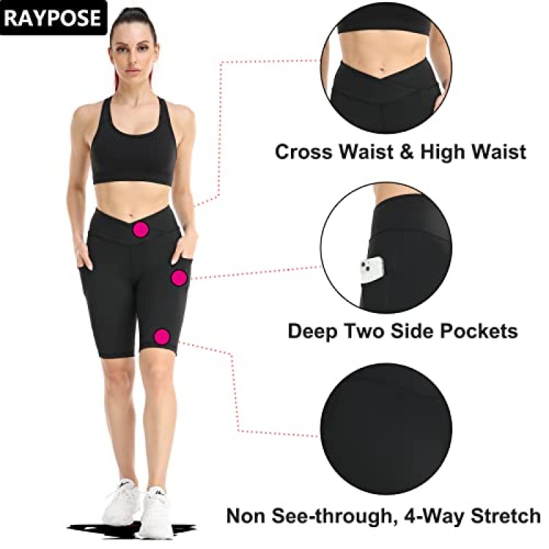 RAYPOSE 운동 운동 반바지 여성용 여름 하이 웨이스트 체육관 바이커 짧은 레깅스 포켓 플러스 사이즈 하이킹 라운지