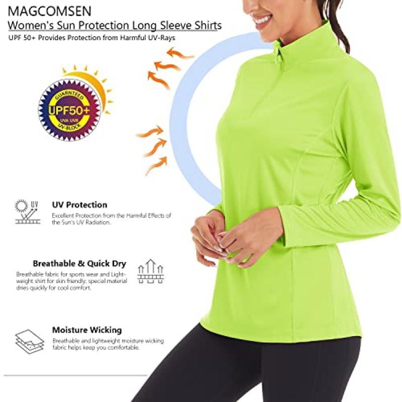 MAGCOMSEN 여성용 셔츠 긴 소매 1/4 지퍼 UPF50 + UV 자외선 차단 빠른 건조 운동 하이킹 운동 셔츠 래쉬 가드