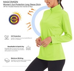 MAGCOMSEN 여성용 셔츠 긴 소매 1/4 지퍼 UPF50 + UV 자외선 차단 빠른 건조 운동 하이킹 운동 셔츠 래쉬 가드