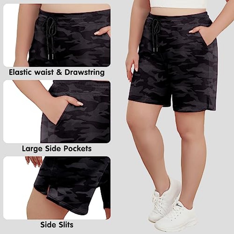 COOTRY 플러스 사이즈 여성용 반바지 빠른 건조 신축성있는 허리 Drawstring Pockets 라운지 운동 운동용 러닝 반바지