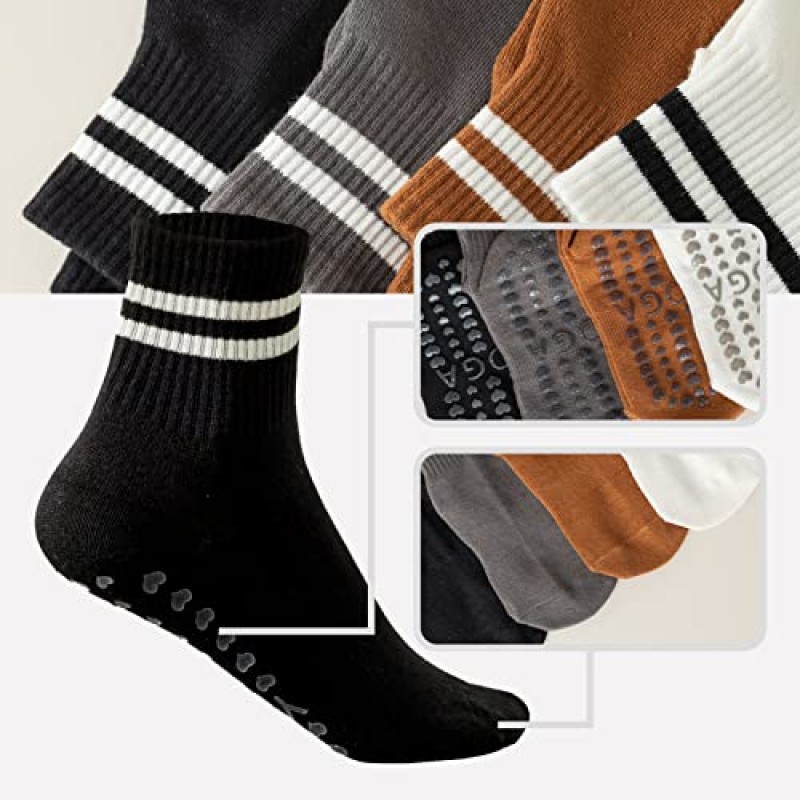 BIVOLU 미끄럼 방지 요가 크루 스트라이프 양말 여성용 필라테스, 바레, 운동, 댄스 미끄럼 방지 양말 4 팩