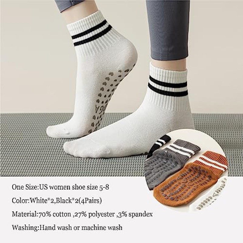 BIVOLU 미끄럼 방지 요가 크루 스트라이프 양말 여성용 필라테스, 바레, 운동, 댄스 미끄럼 방지 양말 4 팩