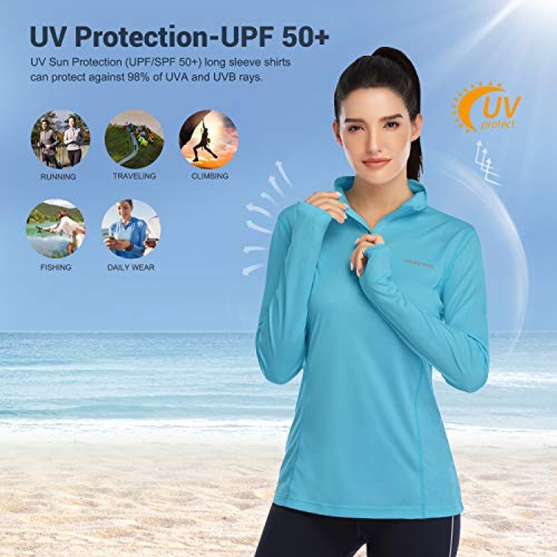 HISKYWIN Womens UPF 50+ 썬 프로텍션 탑 긴 소매 하프 지퍼 엄지 구멍 야외 성능 운동 셔츠