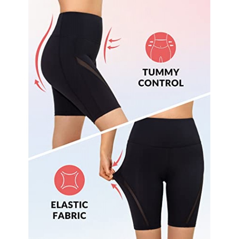 Yvette Womens 반바지 Tummy Control 하이 웨이스트 메쉬 접합 요가 자전거 운동 엉덩이 리프팅 여성용 러닝 반바지