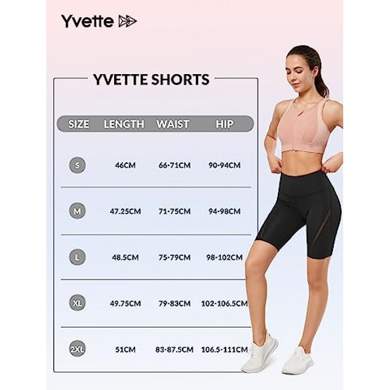 Yvette Womens 반바지 Tummy Control 하이 웨이스트 메쉬 접합 요가 자전거 운동 엉덩이 리프팅 여성용 러닝 반바지