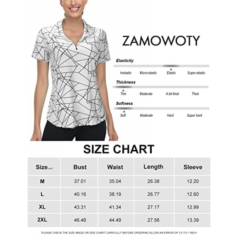Zamowoty 여성용 반팔 골프 셔츠 1/4 지퍼 업 루즈 요가 러닝 운동 탑