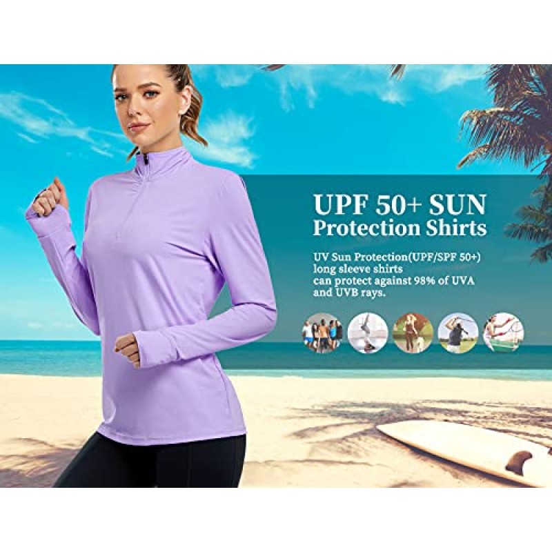 Tanst Sky Womens UPF 50+ 썬 프로텍션 셔츠 긴 소매 하프 지퍼 엄지 홀 골프 러닝 하이킹 탑