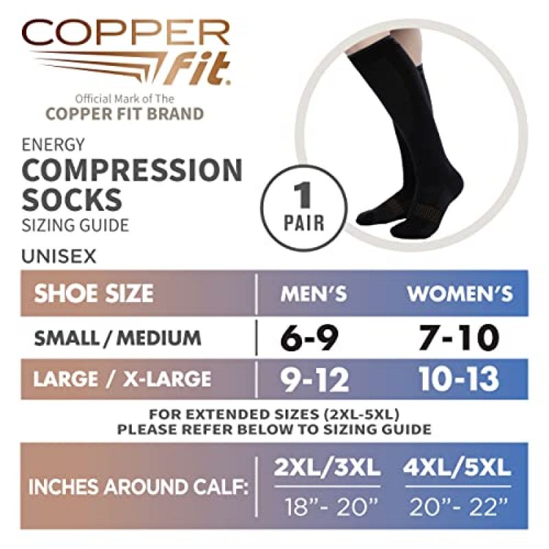 Copper Fit Energy 남녀공용 간편 착용/착용 가능 무릎 고압축 양말