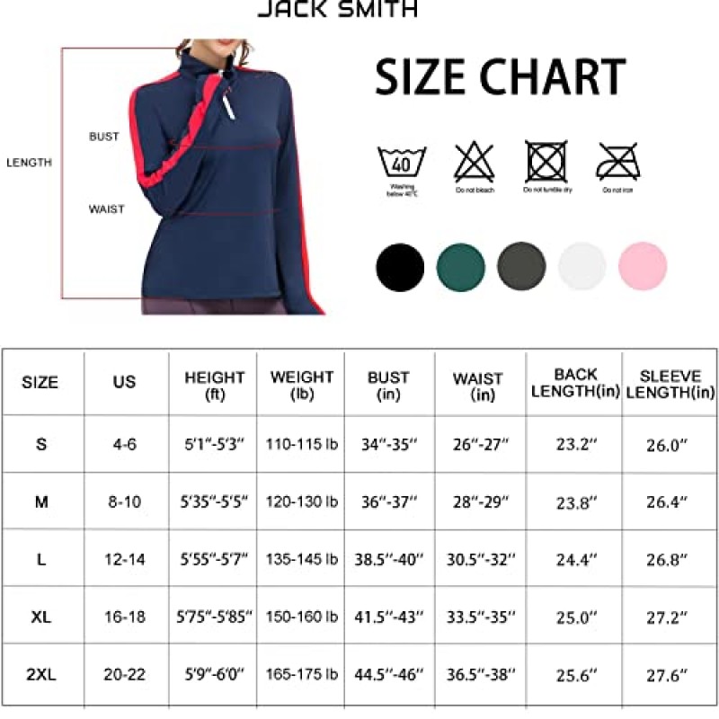JACK SMITH 여성 긴 소매 운동 셔츠 엄지 구멍이 있는 수분 흡수 골프 셔츠 S-2XL